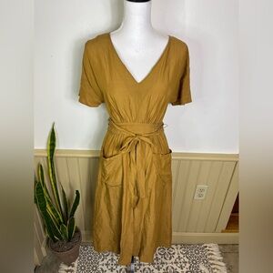 Madewell Mustard Linen Midi Dress Tie Waist Pockets Farmers Market Cottagecore